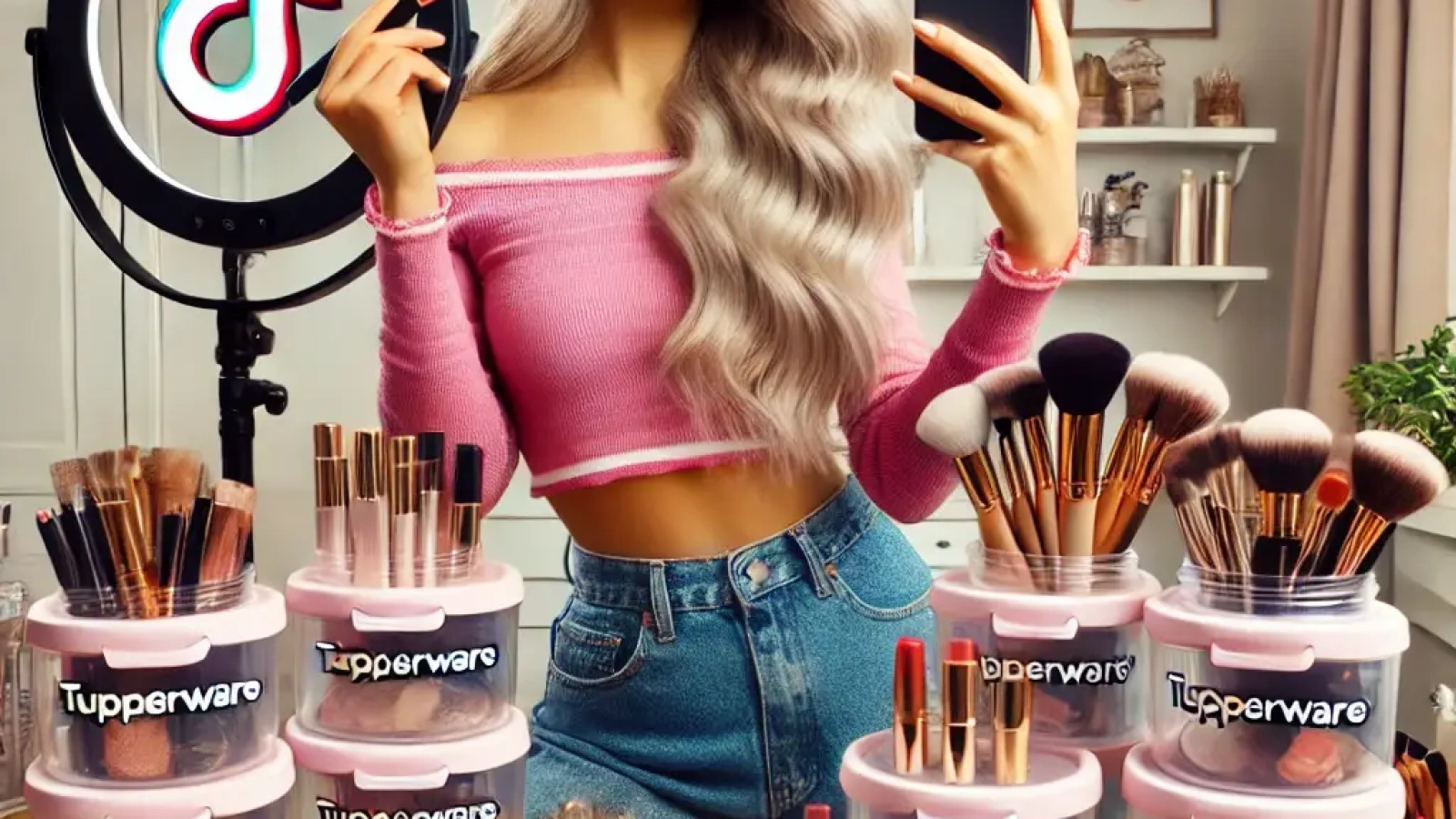 DALL·E 2024-09-23 12.14.43 - An influencer promoting Tupperware as a hip brand on TikTok, using it as makeup storage. The influencer is stylish, with trendy clothes and vibrant ma